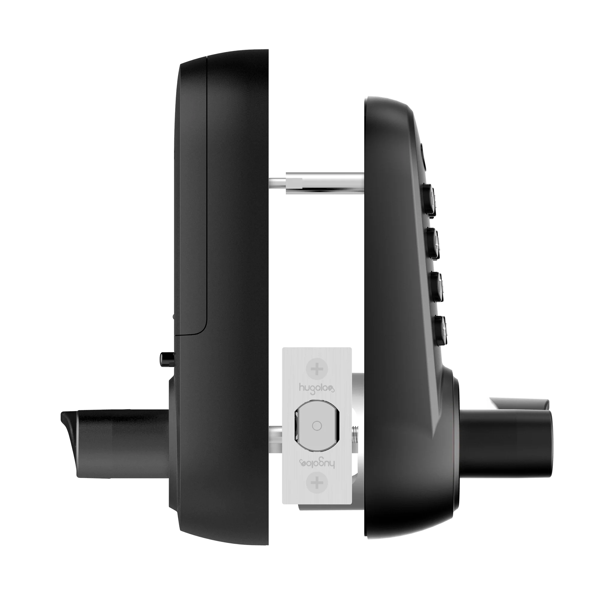 Smart door lock with black handle and silver body on a white background