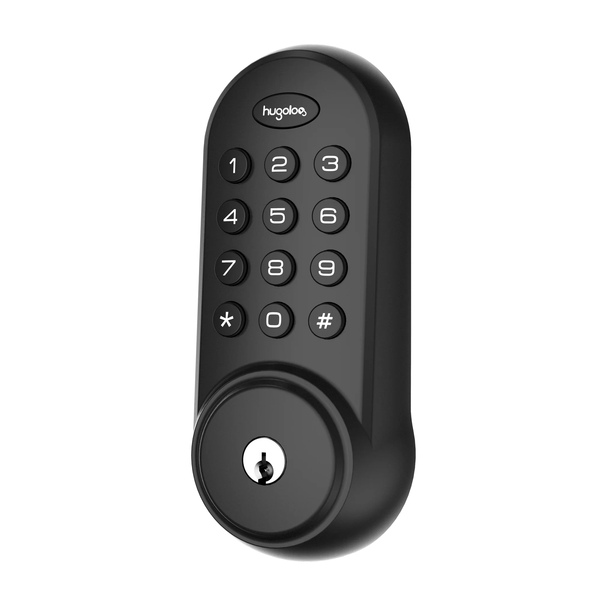 Black electronic door lock with keypad on a white background