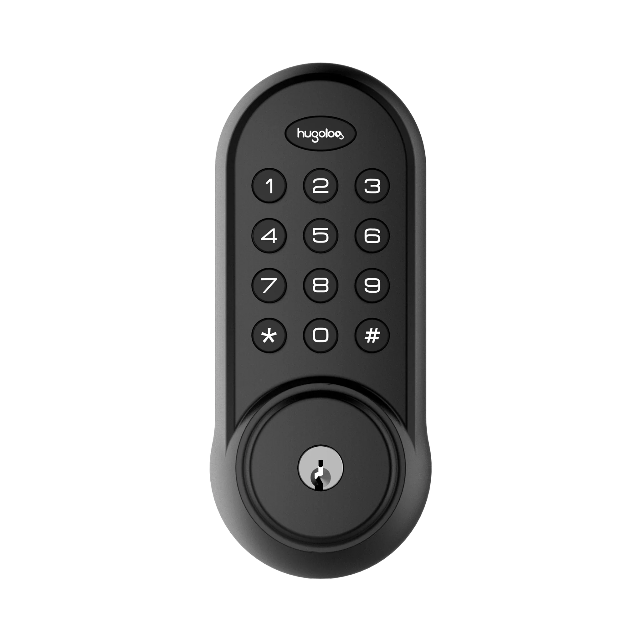 Black electronic door lock with keypad on a white background
