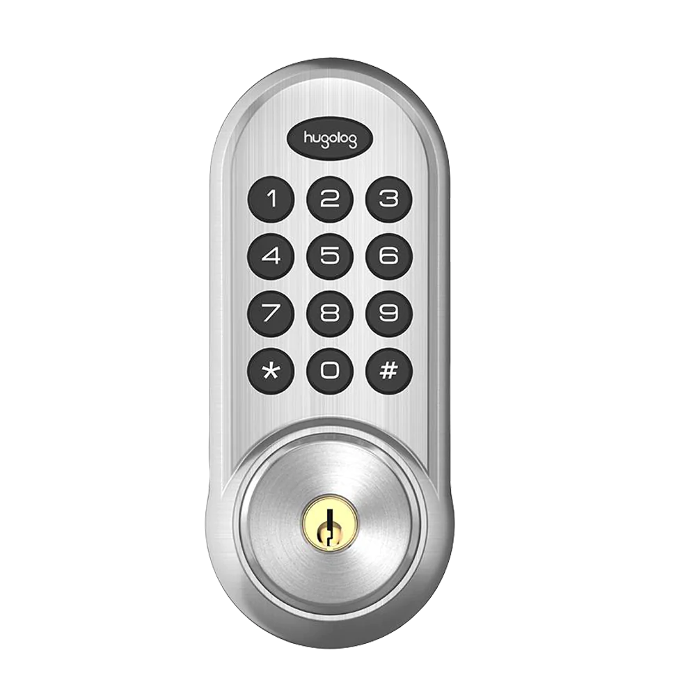 Digital door lock with keypad on a white background