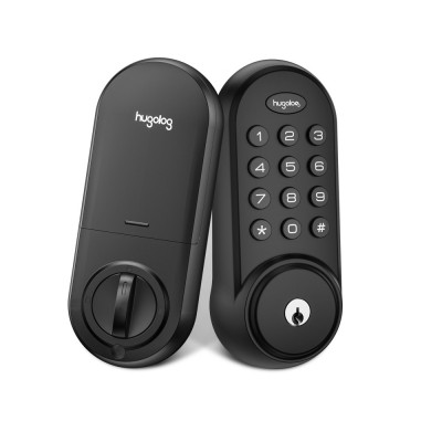 Black electronic door lock with keypad on a white background