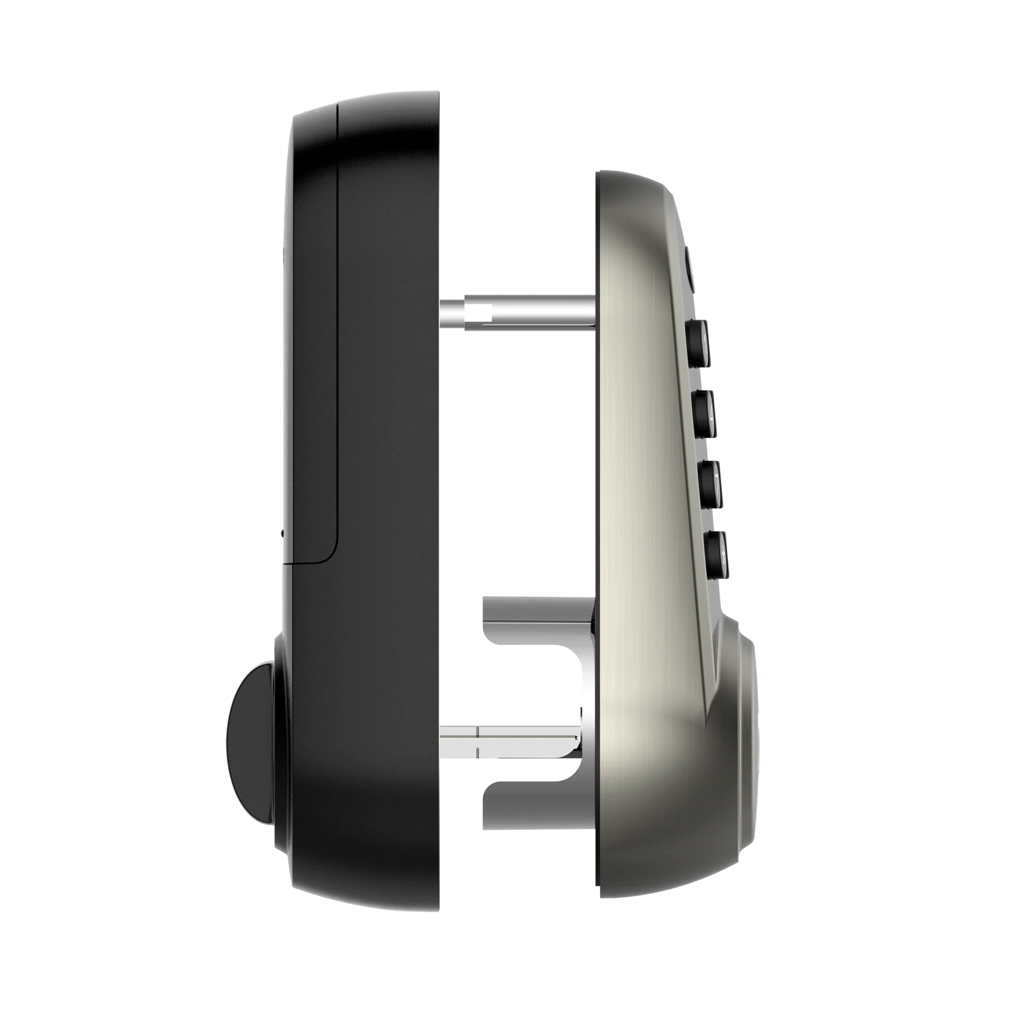 Close-up of a black and silver electronic device on a white background