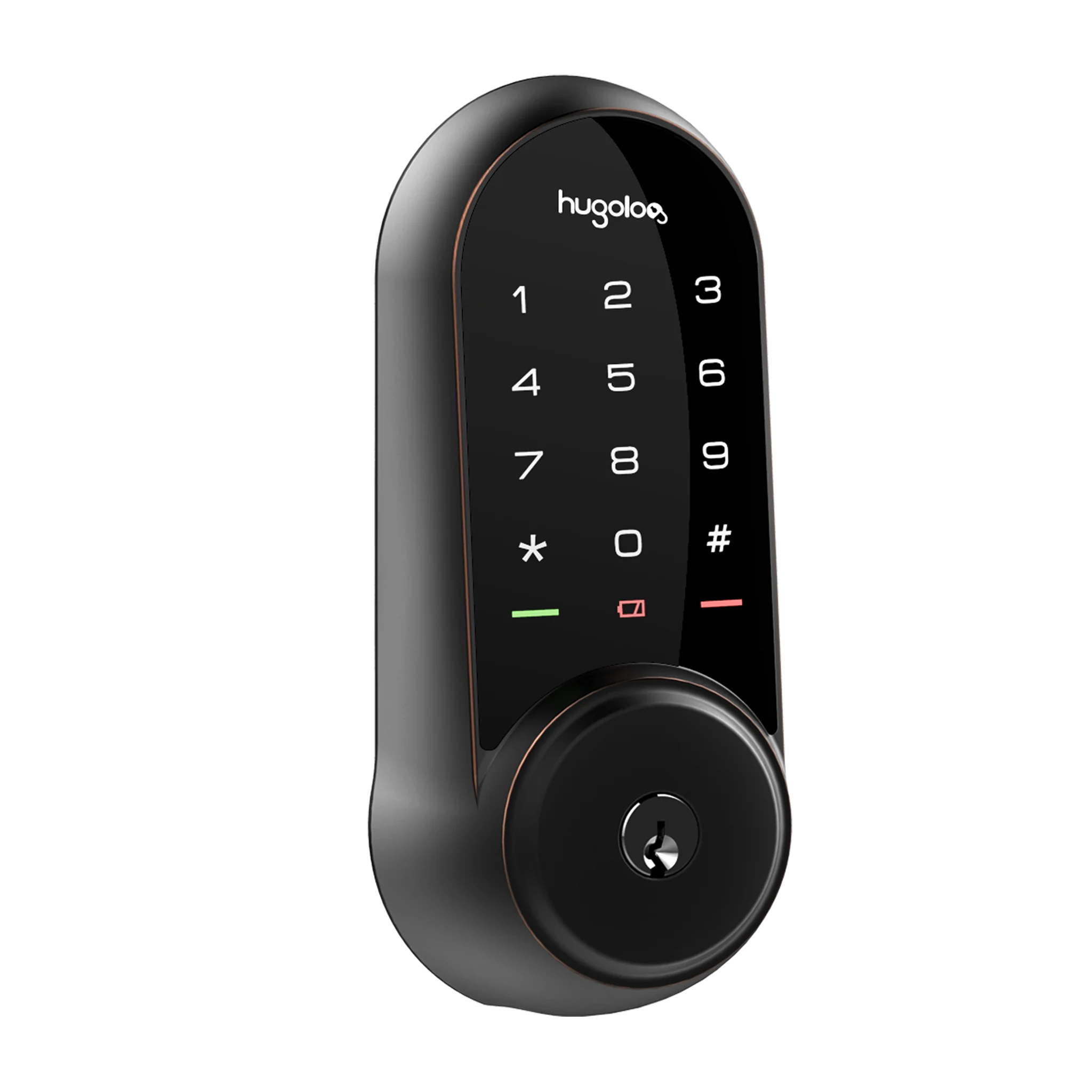 Black digital door lock with keypad on a white background
