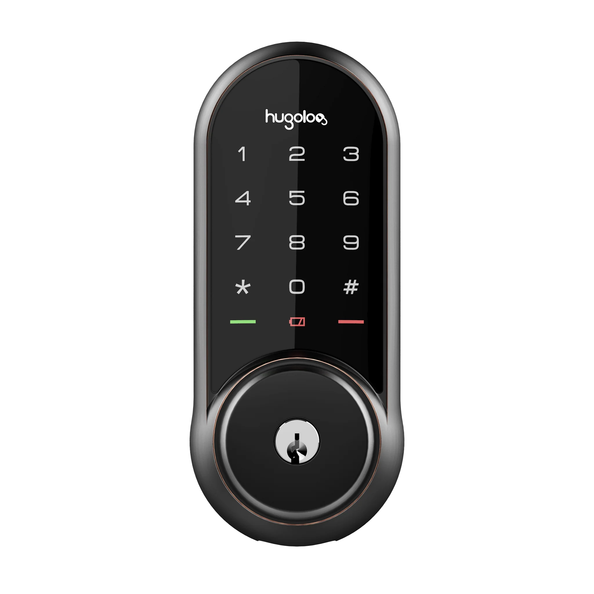 Black digital door lock with keypad on a white background