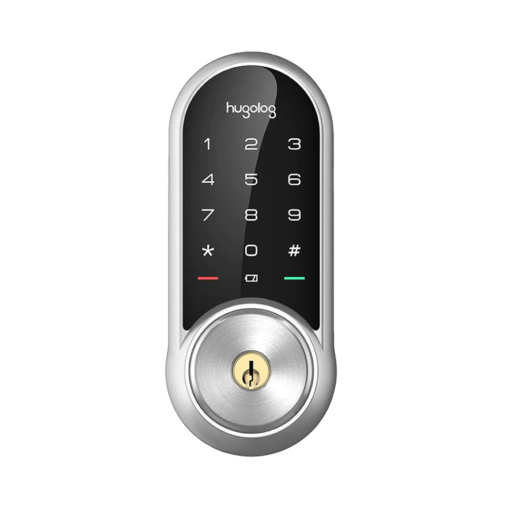 Digital door lock with keypad on a white background