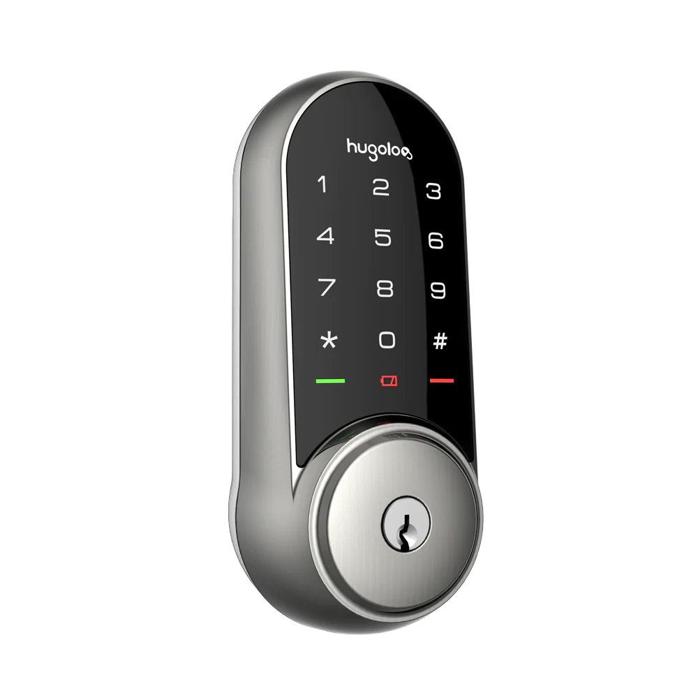 Digital door lock with keypad on a white background
