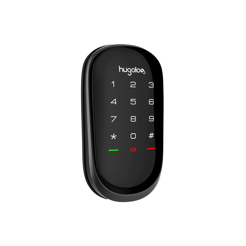 Black digital door lock with keypad on a white background