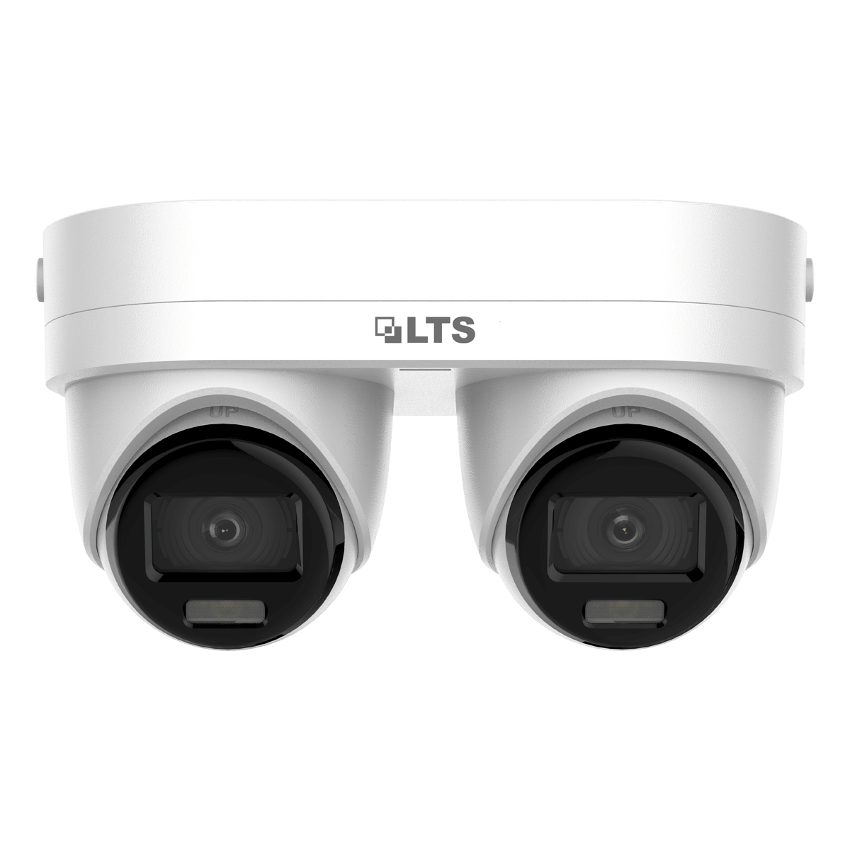 LTS CMIP3743W2-DLZ Dual 4MP Active Deterrence PoE Camera
A white dual-camera dome security camera with the LTS logo on the front, shown against a solid black background.