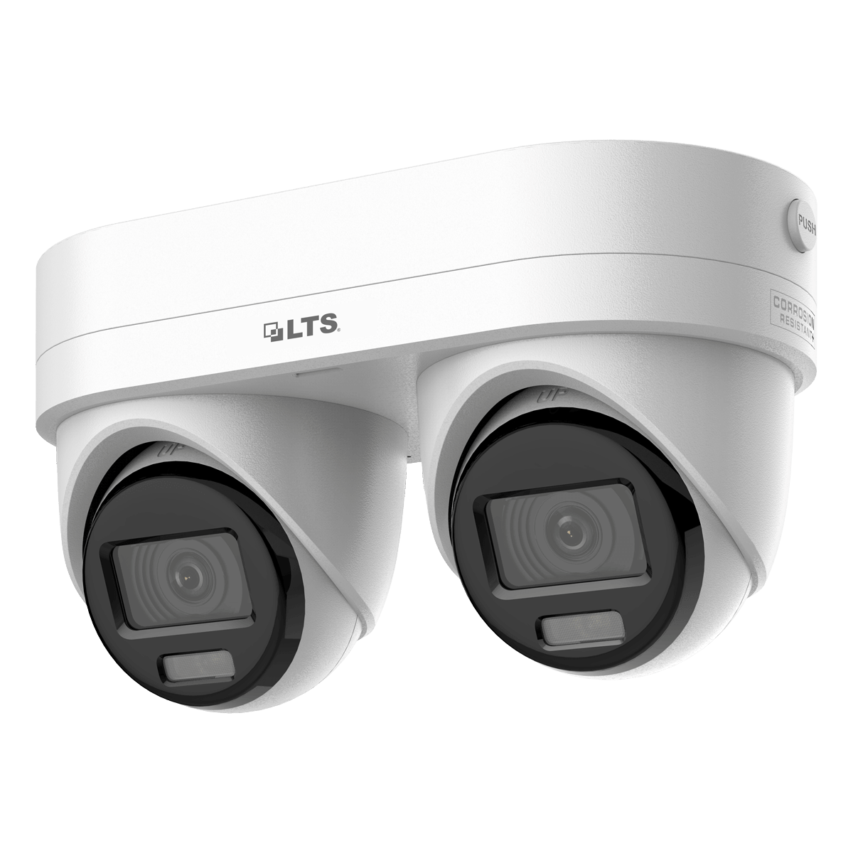 LTS CMIP3743W2-DLZ Dual 4MP Active Deterrence PoE Camera
A white dual-camera dome security system with LTS branding on the top frame, shown against a solid black background.