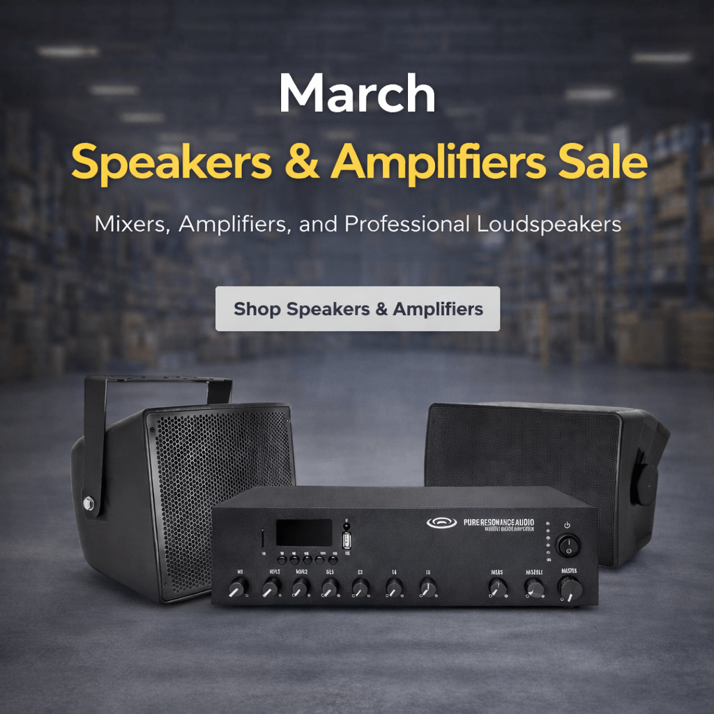 March Speakers & Amplifiers Sale featuring Pure Resonance Audio speakers and a mixer amplifier in a professional warehouse environment
Promotional image for speakers and amplifiers sale with text overlay and audio equipment.