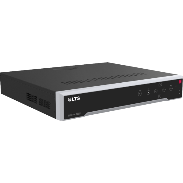A black and silver LTS security video recorder or NVR device, shown from a three-quarters angle on a plain white background.