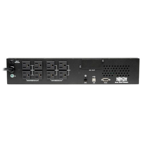 Eaton Tripp Lite SMART1500RM2U 2U Rackmount Sine Wave UPS 1500VA
Black power strip with multiple outlets on a white background