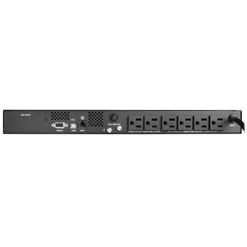 Eaton Tripp Lite SMART500RT1U 1U Rackmount UPS AVR 500VA 300W
Back view of a power strip with multiple outlets and USB ports on a white background
