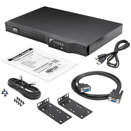 Eaton Tripp Lite SMART500RT1U 1U Rackmount UPS AVR 500VA 300W
kit with drive enclosure, cables, and mounting brackets on a white background