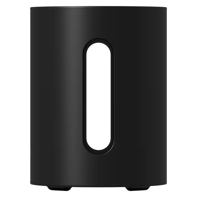 Black mini subwoofer with a cutout on a white background