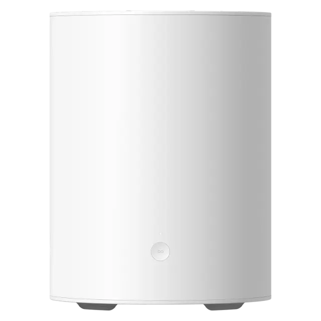 White mini subwoofer with a circular logo on a white background