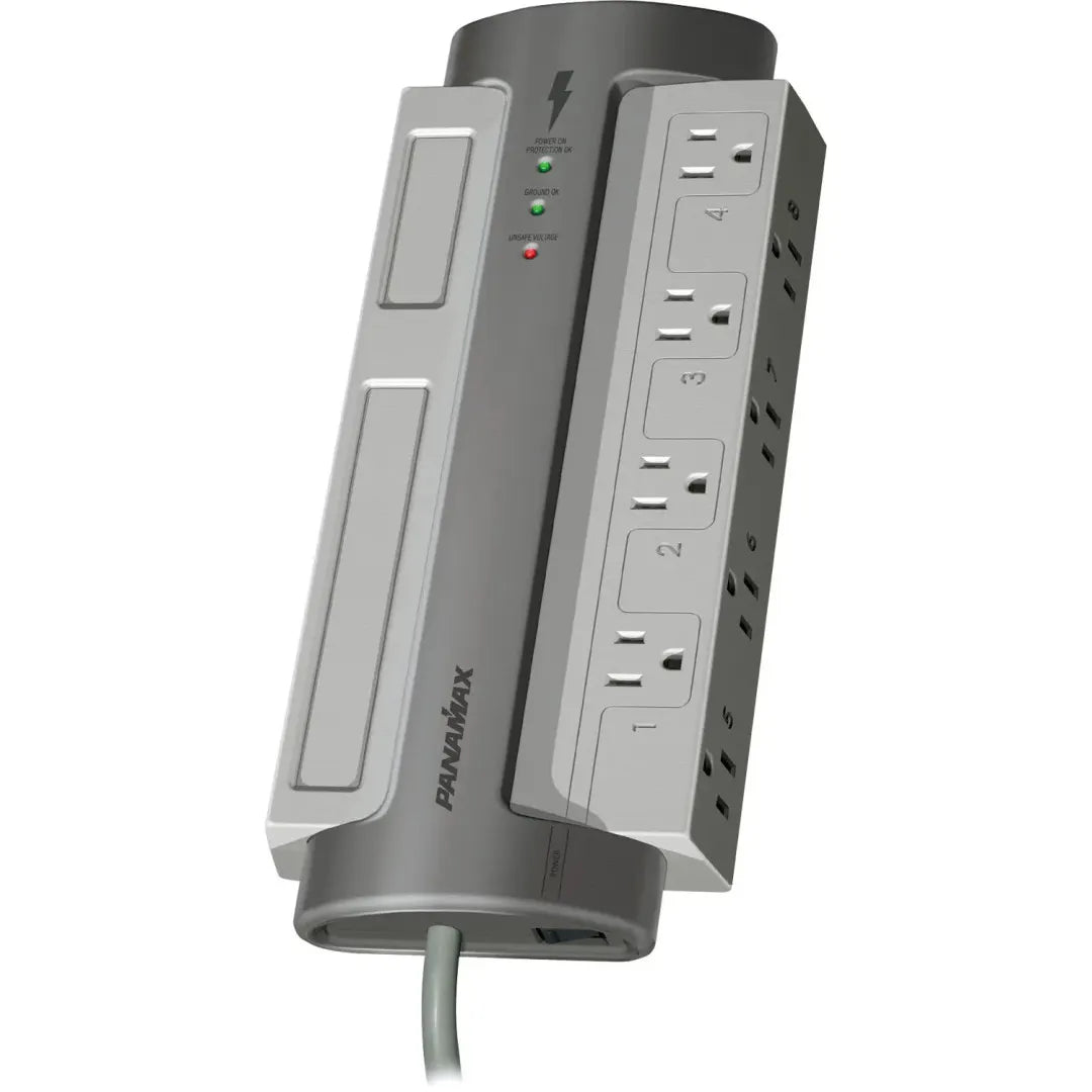 Panamax M8-EX 8-Outlet Surge Protector AVM Noise Filtration
Power strip with multiple outlets and a cable on a white background