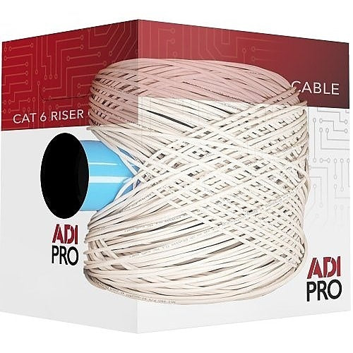 ADI PRO 0E-CMR6BLR CAT6 Riser Cable 1000ft Blue 23AWG UTP
Spool of cable with 'ADI Pro' branding on a white background