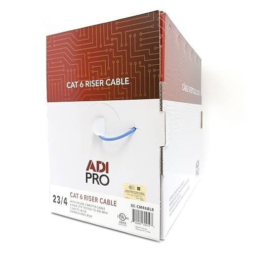ADI PRO 0E-CMR6BLR CAT6 Riser Cable 1000ft Blue 23AWG UTP
ADI PRO CAT 6 RISER CABLE 23/4 box packaging, featuring a white lower section with the brand logo and a brown upper section with circuit board graphics.