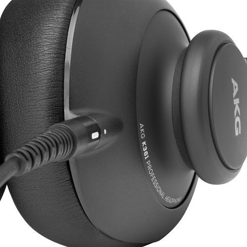 AKG K361 Pro Over-Ear Studio Headphones 50mm Drivers closeup image right side with cord connected