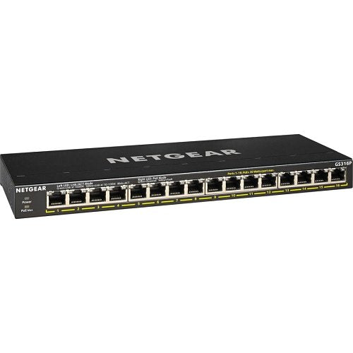 Netgear GS316P 16-Port Gigabit PoE+ Switch 115W FlexPoE
NETGEAR network switch with 16 ports on a white background