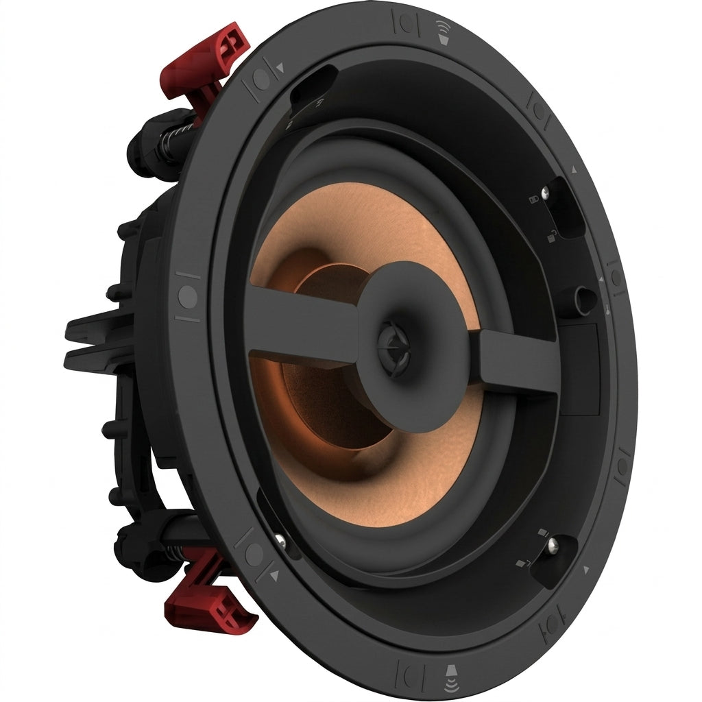 A close-up of a black in-ceilinging speaker with a copper-colored driver and red adjustment components, shown on a plain white background.