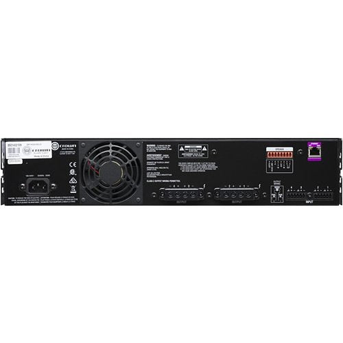 Crown CDi 4 300 DriveCore 4 Channel 300W Amplifier 70V 100V
Back view of a black audio amplifier with various controls and labels on a white background