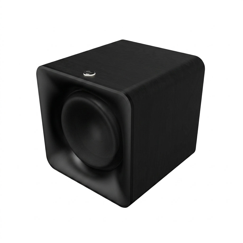 A black cube-shaped subwoofer with a circular front driver and a small silver logo on top, shown on a plain white background.