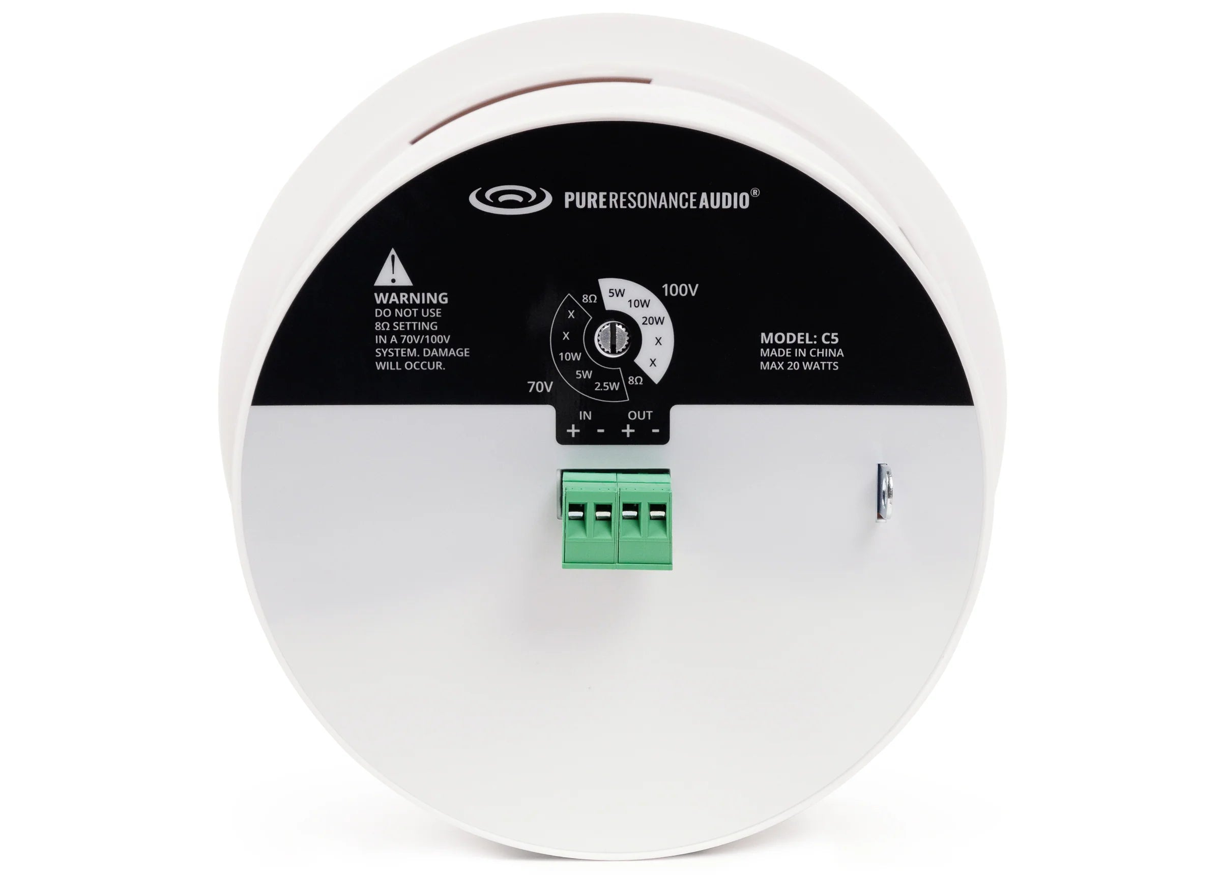 Pure Resonance Audio C5 4 Inch 70V Micro Ceiling Speaker
Round electronic device with branding on a white background