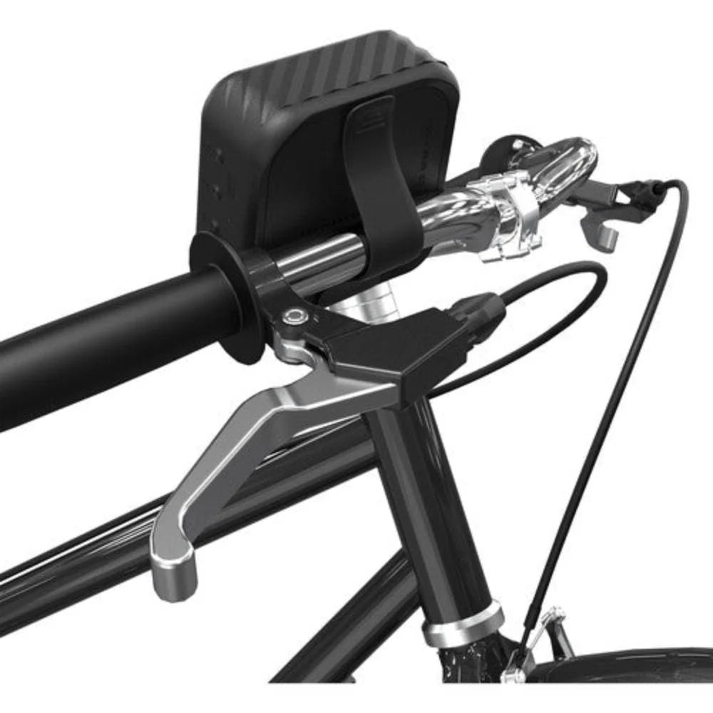 Bicycle handlebar with a black clamp and clear visor on a white background