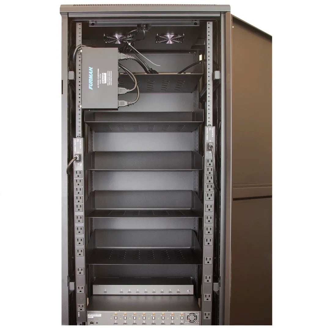 Panamax VT-EXT16 Vertical 16-Outlet Power Strip Extension
Empty metal server cabinet with open door on a white background