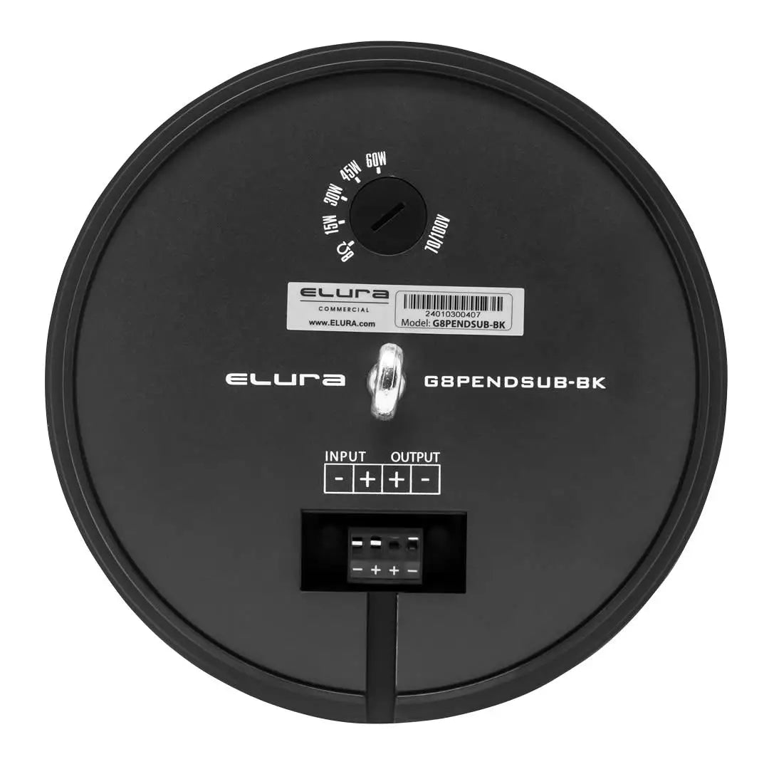 Elura G8PENDSUB-BK 8 Inch 70V Pendant 150W Omni Bass Subwoofer
Black subwoofer enclosure with Elura branding and audio connectors on a white background