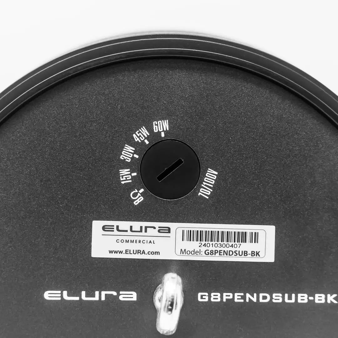 Elura G8PENDSUB-BK 8 Inch 70V Pendant 150W Omni Bass Subwoofer
Close-up of an Elura commercial product with label and branding.