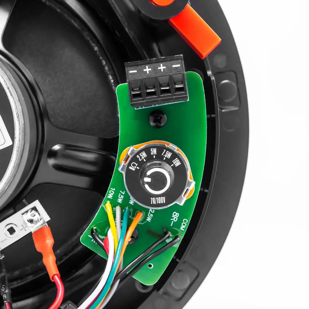 Elura G6.5Z-ECO-70 Budget 6.5 Inch 70V In-Ceiling Speakers 6 Pack
Close-up of a green electronic module with wiring on a white background