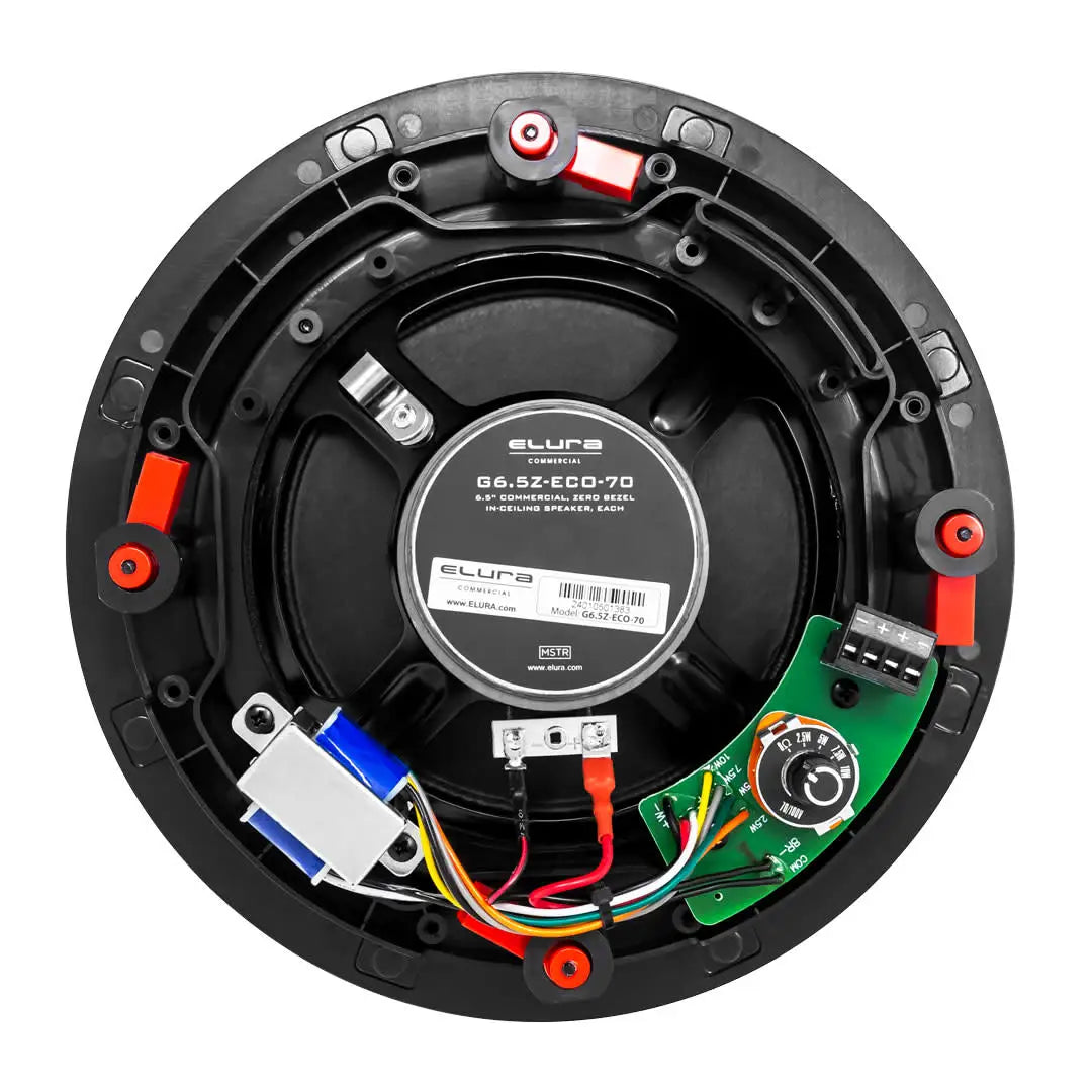 Elura G6.5Z-ECO-70 Budget 6.5 Inch 70V In-Ceiling Speakers 6 Pack
Elura speaker with visible wiring and components on a white background