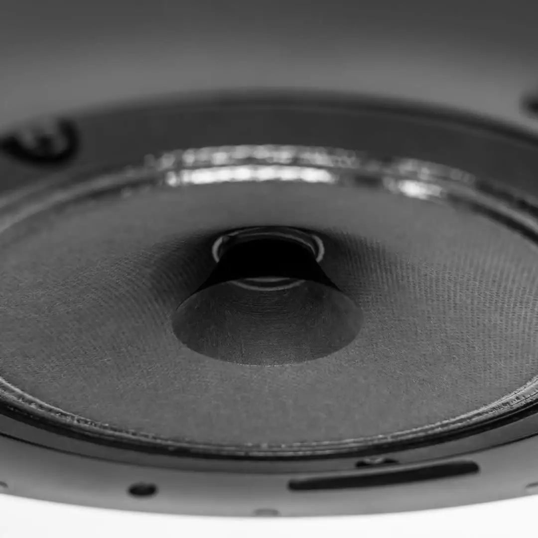 Elura G6.5Z-ECO-70 Budget 6.5 Inch 70V In-Ceiling Speakers 6 Pack
Close-up of a speaker cone with metallic rim on a white background
