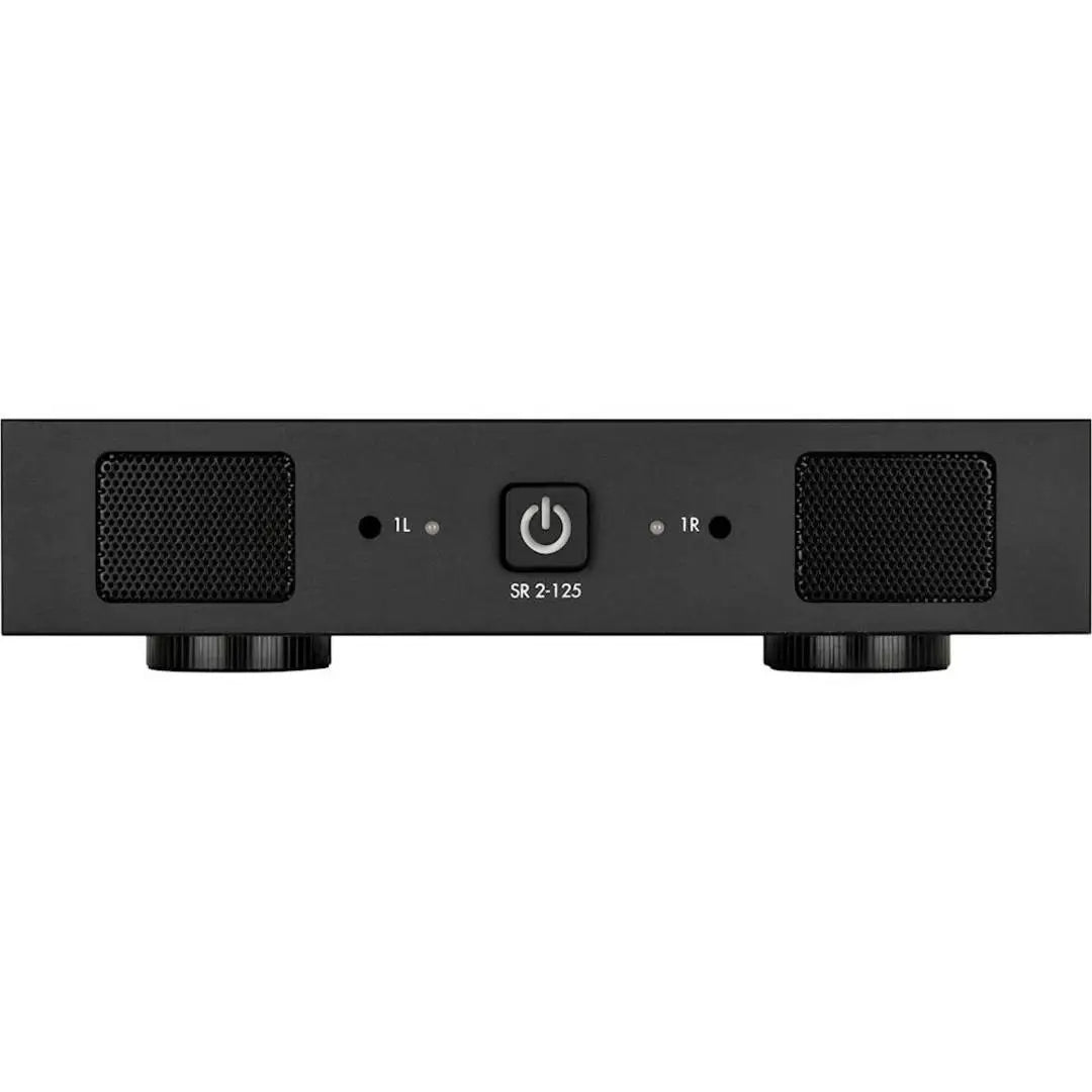 Black audio equipment with power symbol and labels on a white background