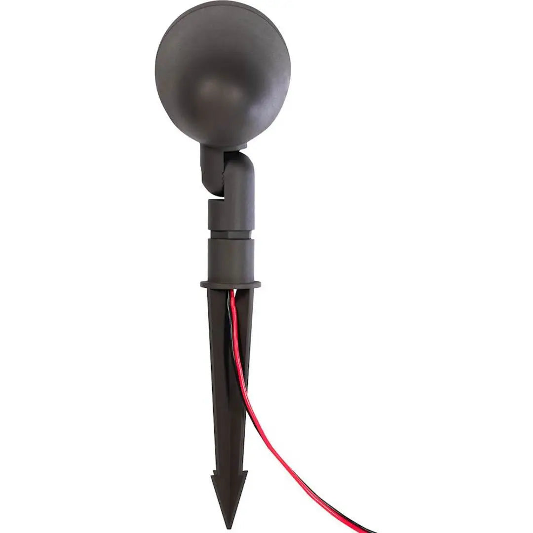Outdoor speaker fixture with spike and wiring on a white background