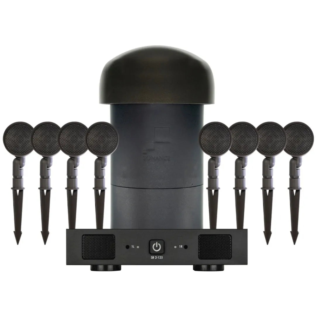 Black wireless microphone system with receiver and eight microphones on a white background