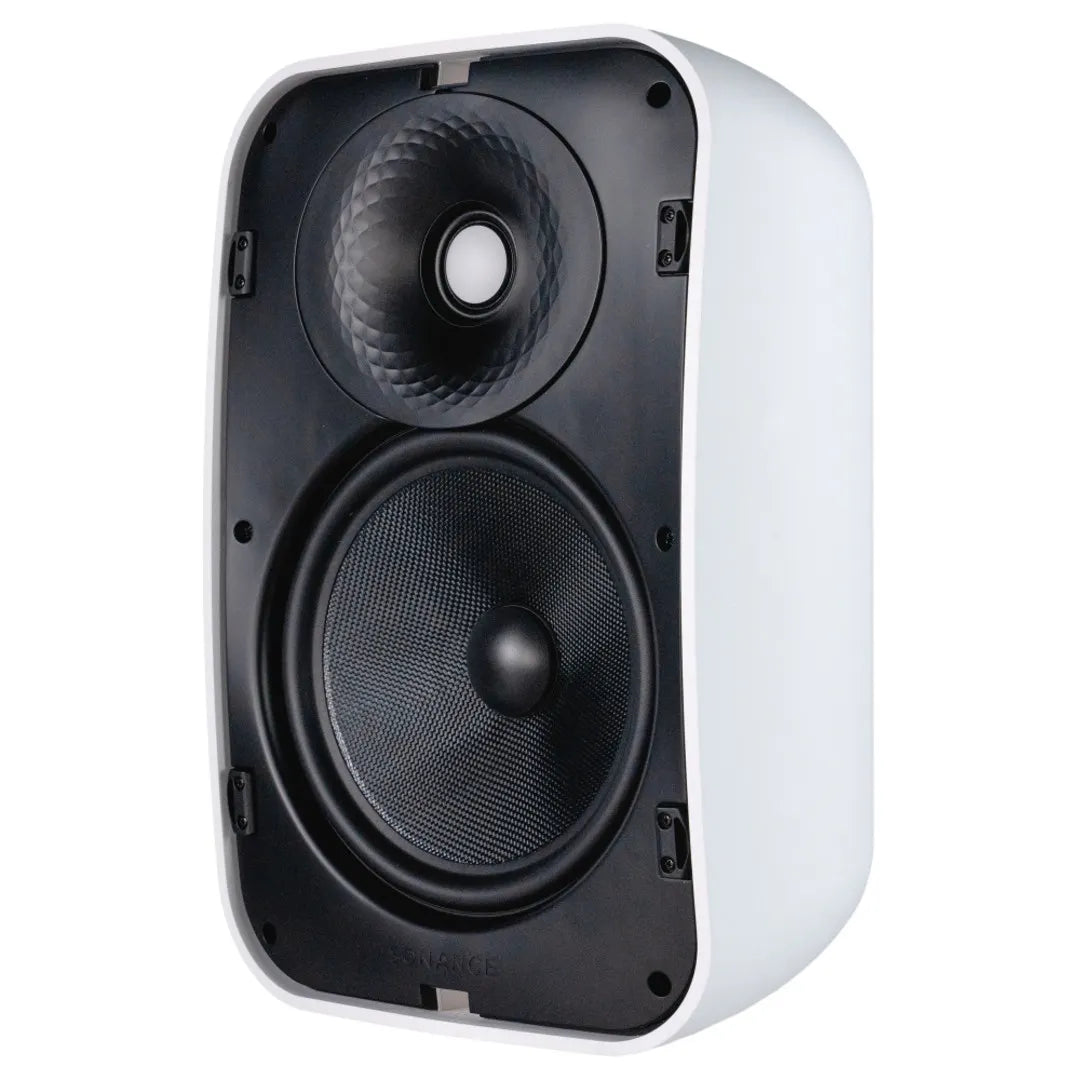 Sonance MX86 8 Inch Surface Mount Patio Outdoor Speaker Pair
White speaker with black driver units on a white background