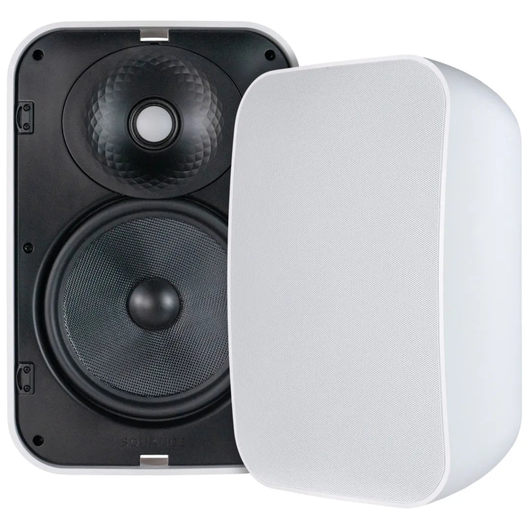 Pair of black outdoor speakers with white grills on a white background