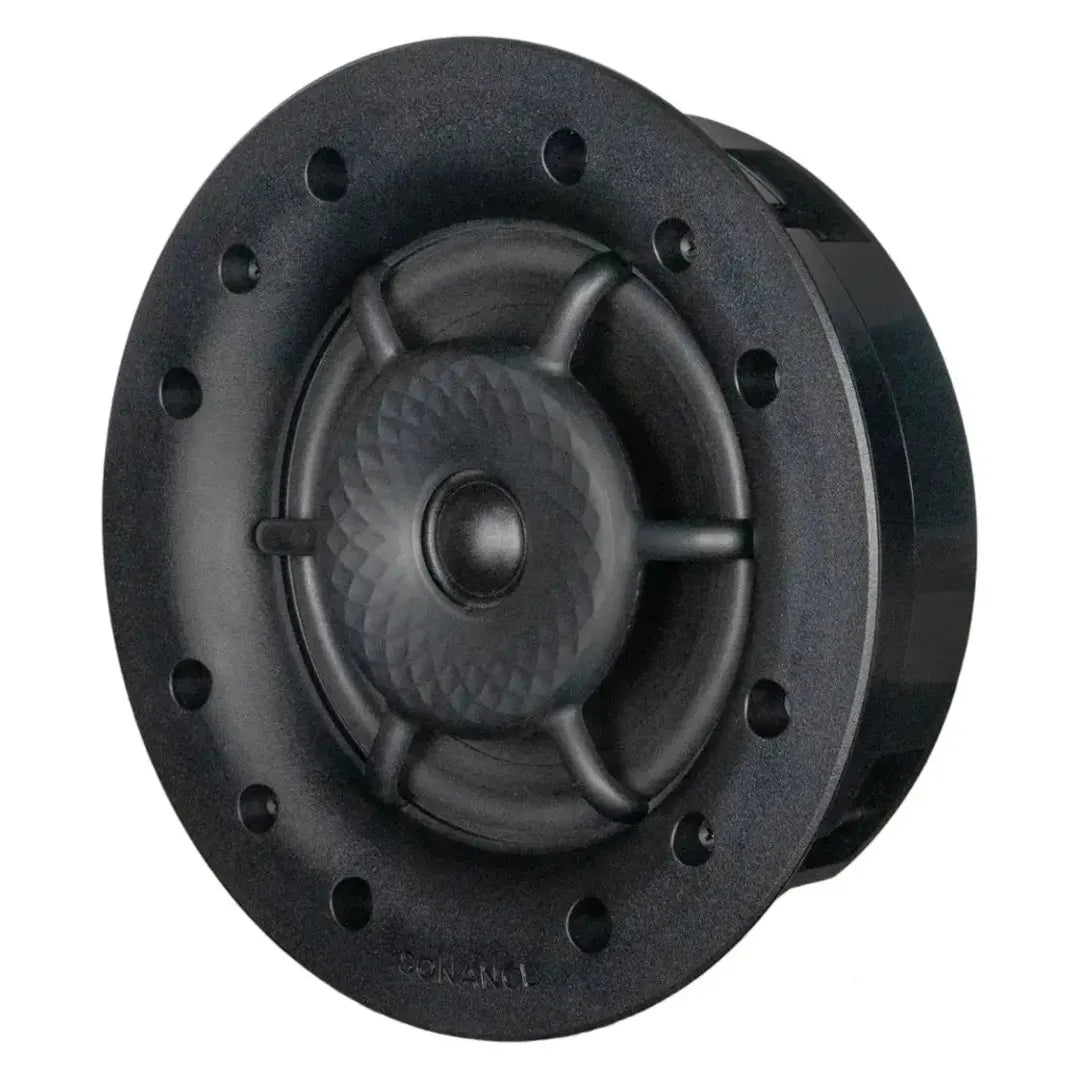 Black speaker grille on a white background