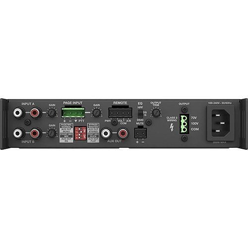 Bose Professional FreeSpace IZA 190-HZ Commercial Zone Amplifier
Back panel of an audio equipment amplifier with various connectors and switches on a white background