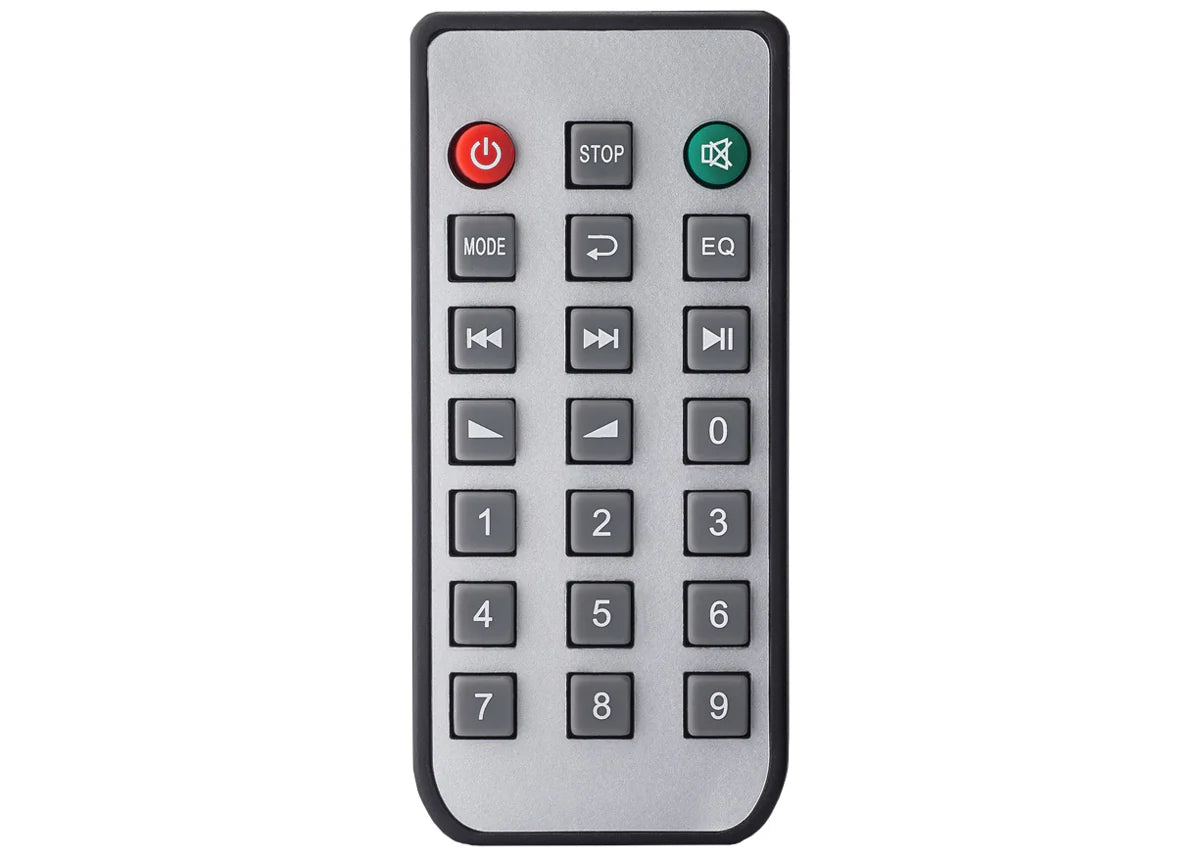 Pure Resonance Audio RMA500BT 500W Bluetooth Rack Mixer Amp
Remote control with various buttons on a white background