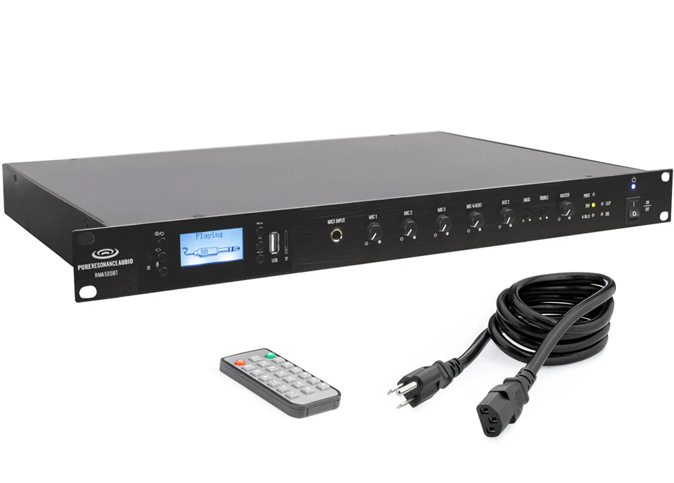 Pure Resonance Audio RMA500BT 500W Bluetooth Rack Mixer Amp
Audio equipment rack with power cord, remote control, and display on a white background