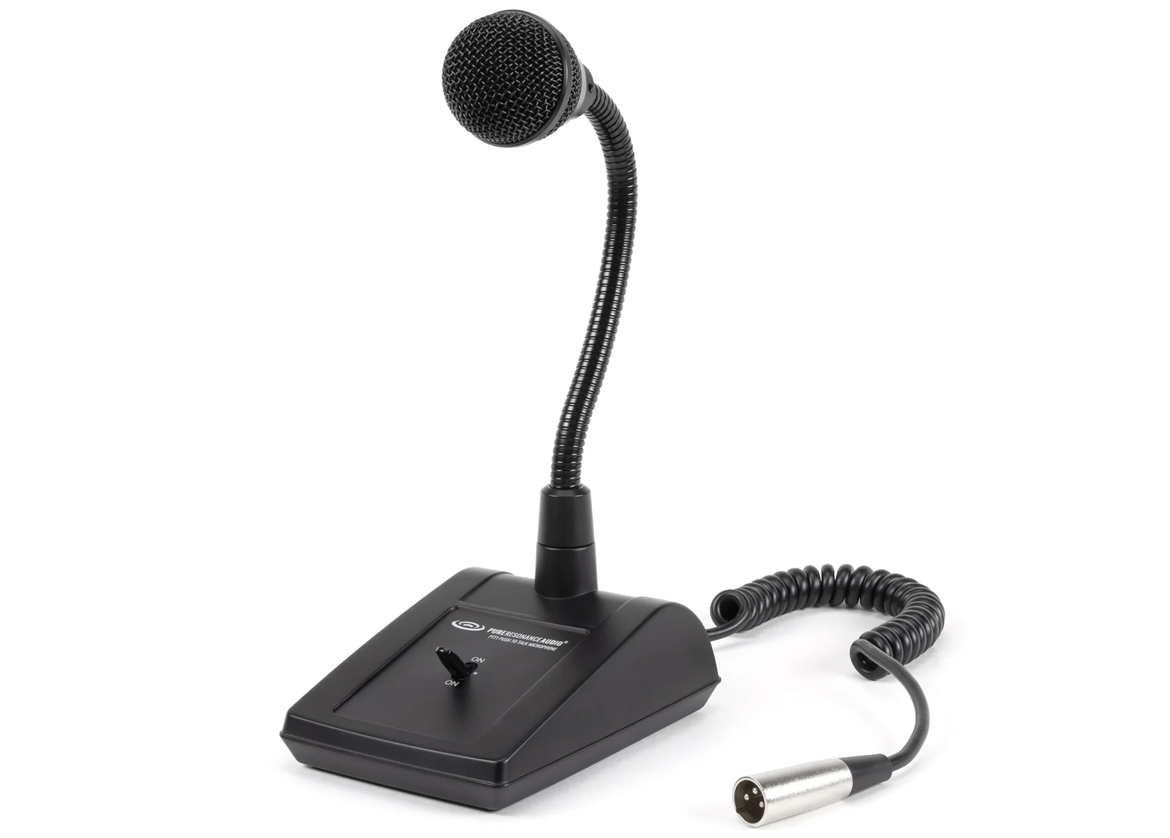 Pure Resonance Audio PTT1 Desktop Paging Mic Push-to-Talk
Black microphone with flexible gooseneck on a white background