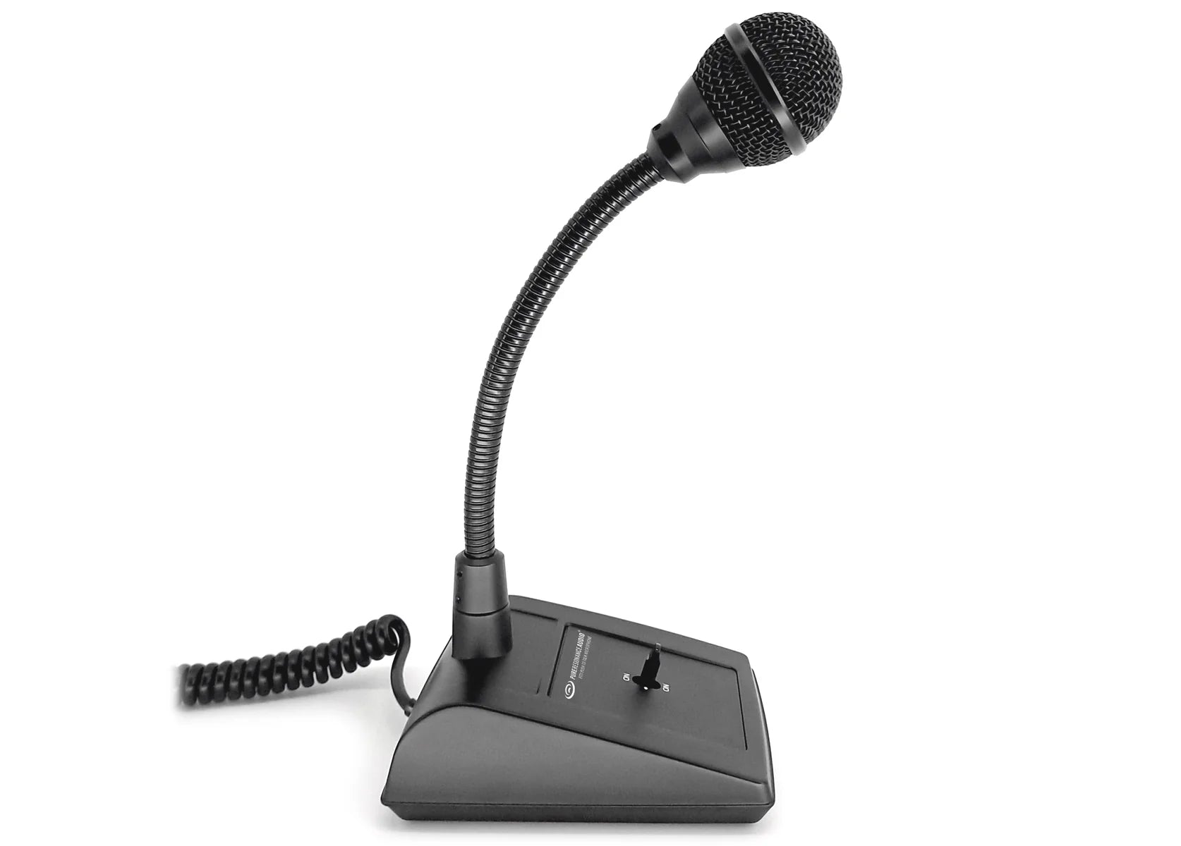 Pure Resonance Audio PTT1 Desktop Paging Mic Push-to-Talk
Black microphone with flexible gooseneck on a white background