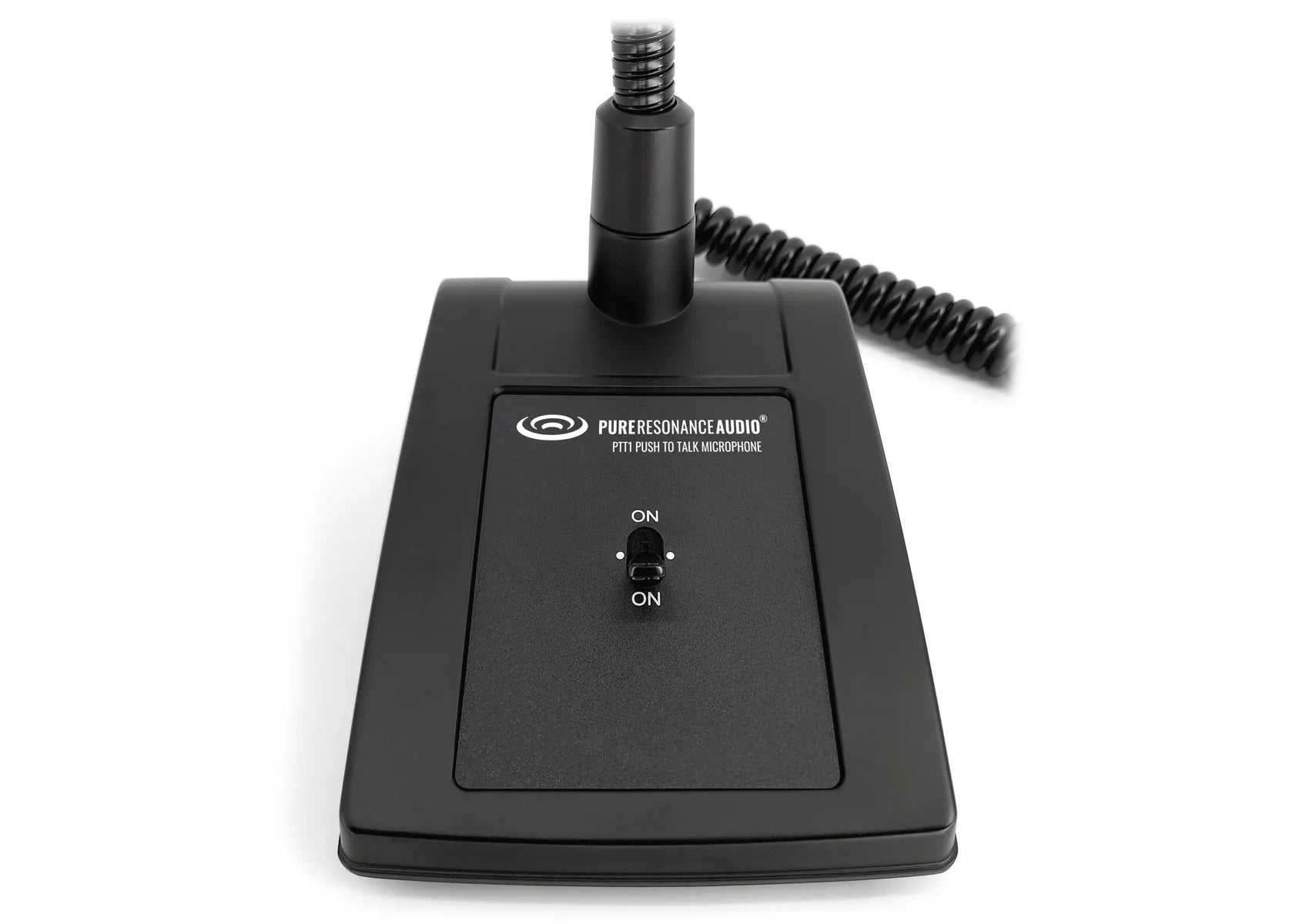Pure Resonance Audio PTT1 Desktop Paging Mic Push-to-Talk
Black audio device with coiled cable on a white background