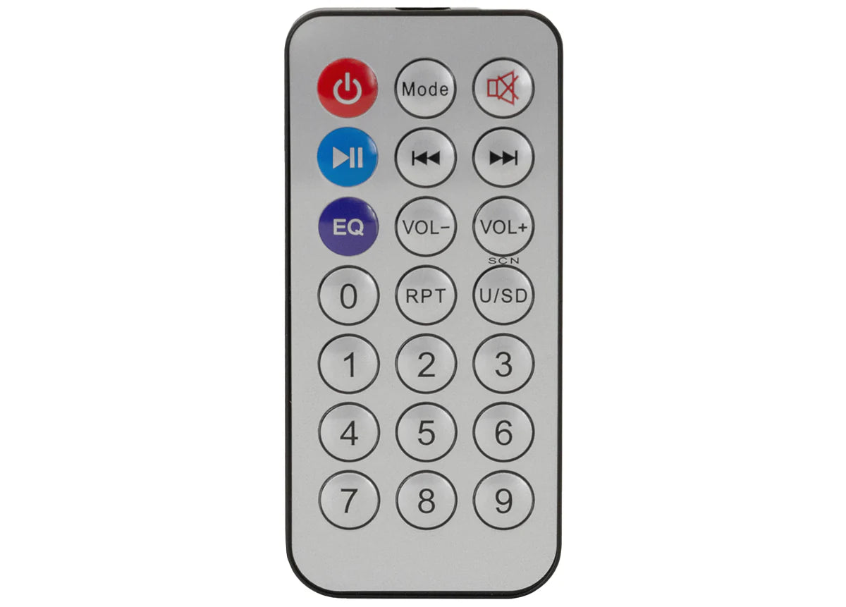 Pure Resonance Audio MA60BT 60W Bluetooth 70V Mixer Amplifier
Remote control with various buttons on a white background