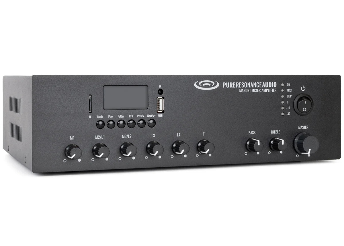 Pure Resonance Audio MA60BT 60W Bluetooth 70V Mixer Amplifier
Black audio amplifier with control knobs and display on a white background